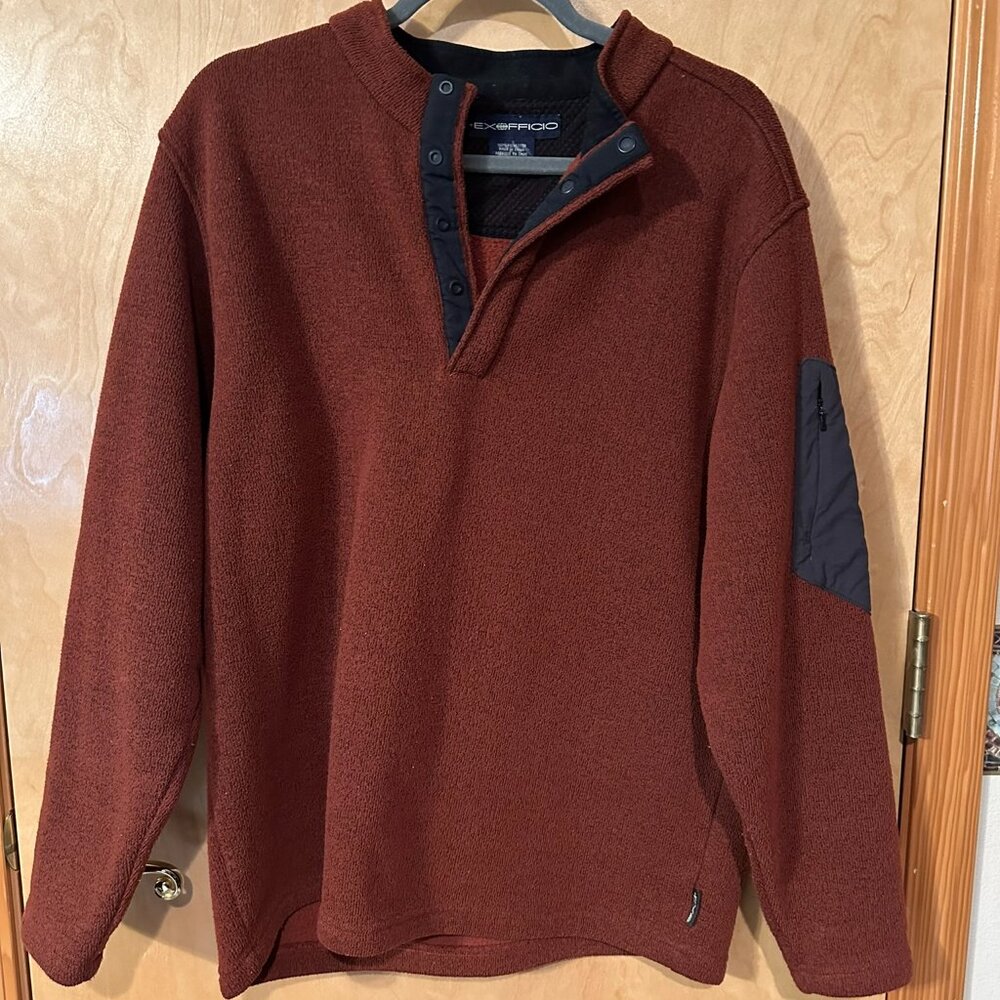 Exofficio  men's brown pullover with elbow patch zippered pocket